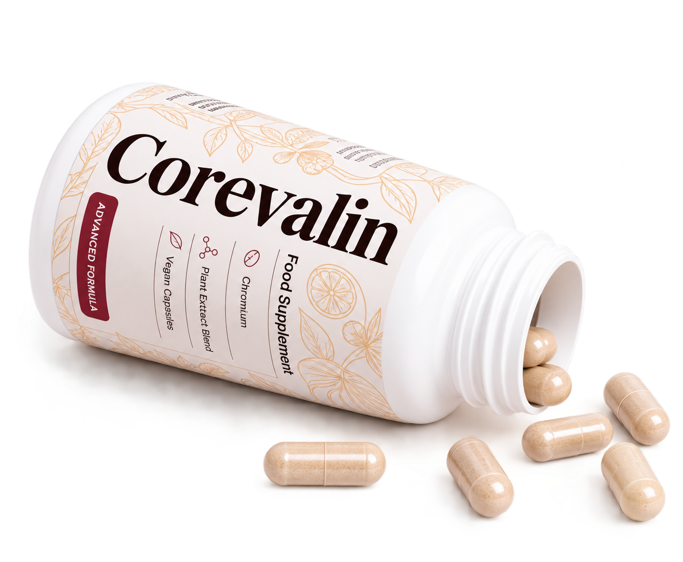 Corevalin supplement bottle with capsules