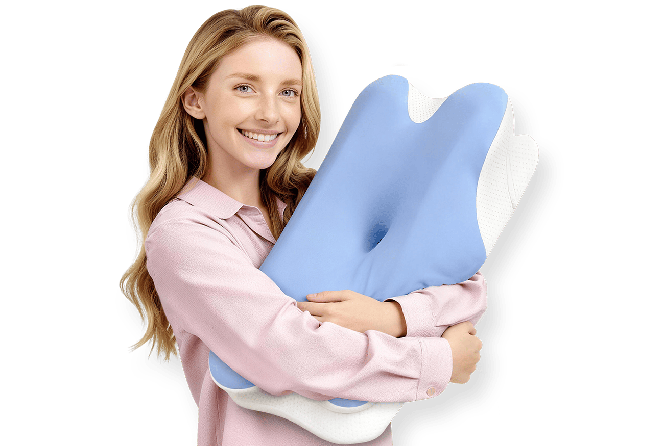 Woman holding a Melara Max ergonomic pillow